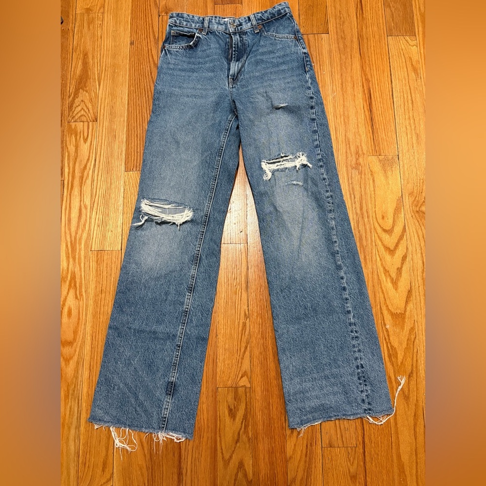 Zara Blue Distressed Wide Leg Jeans